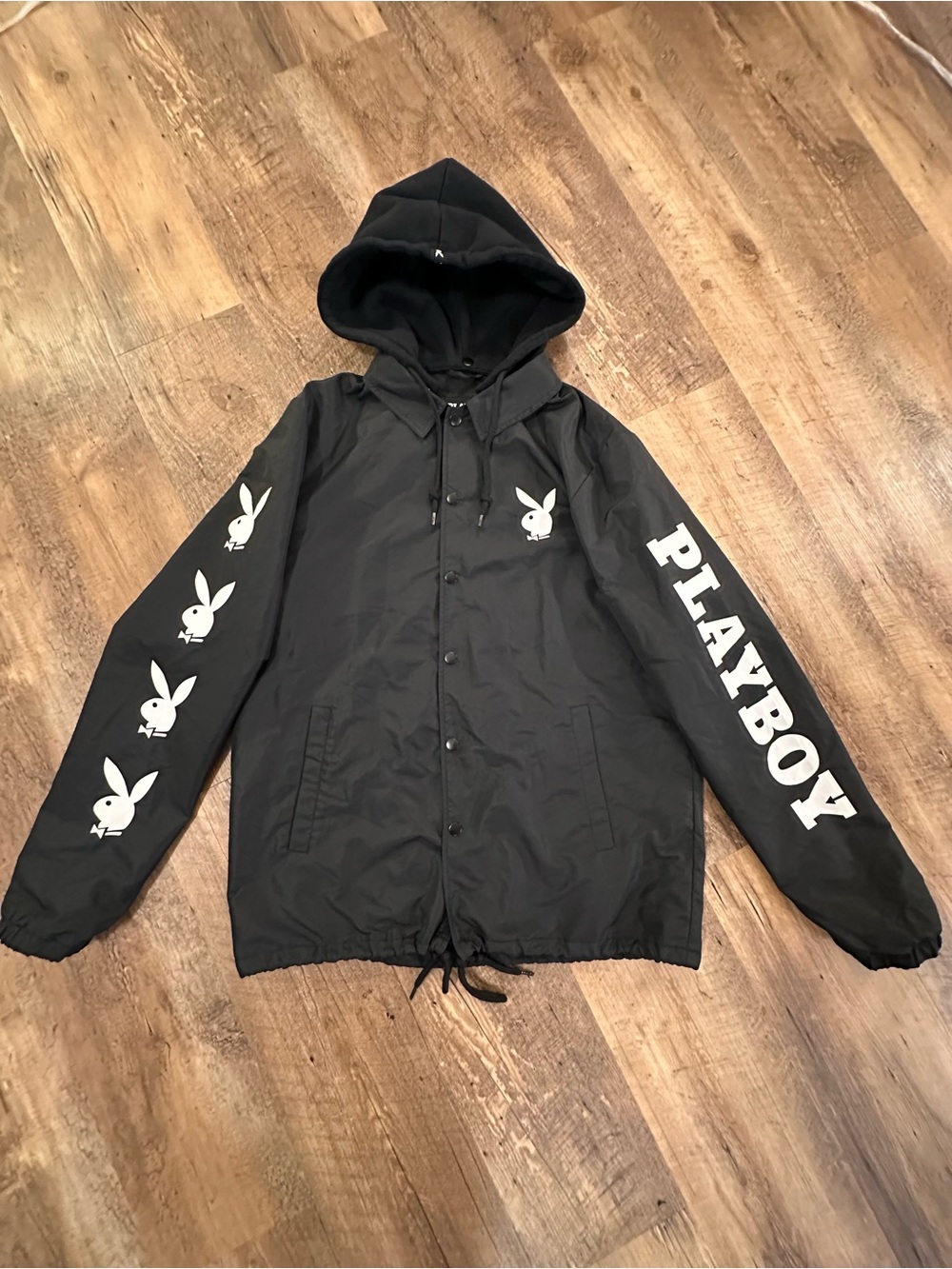 PLAYBOY Black Hooded Coach Jacket with White Logo Sleeves